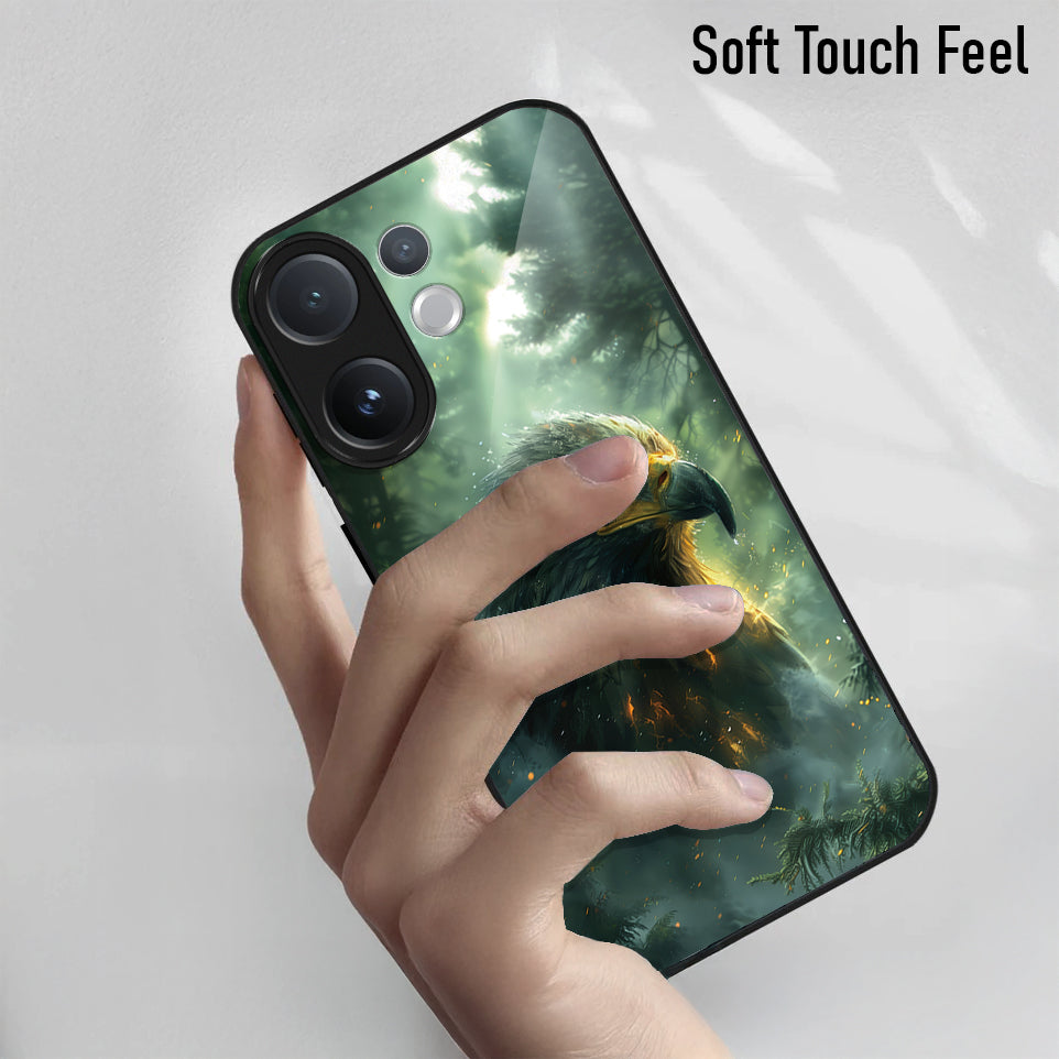 Vivo V60 5G Phone case with a nature design held by a hand on a light gray background
