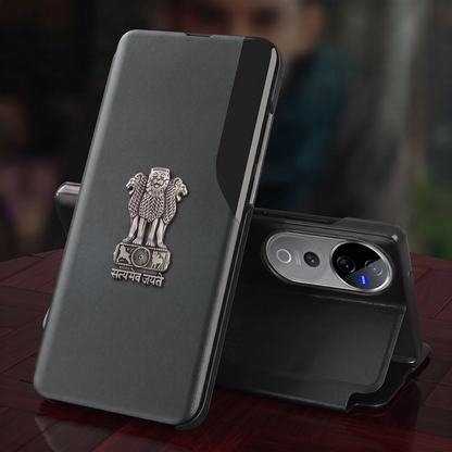 Vivo V40 Pro 5G Metal Emblem Satyamev Jayate Half Window Leather Flip Case
