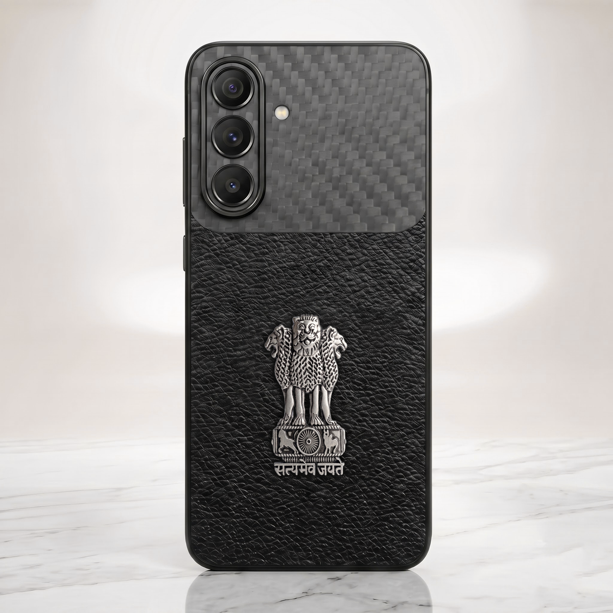 Samsung Galaxy A37 5G Satyamev Jayate Carbon Fiber Leather Hybrid Phone Case