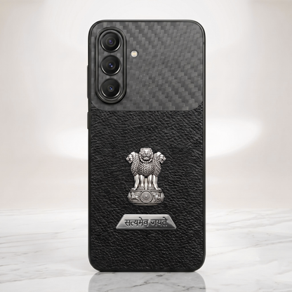 Samsung Galaxy A27 5G Satyamev Jayate 2-in-1 Emblem Carbon Fiber Leather Phone Case