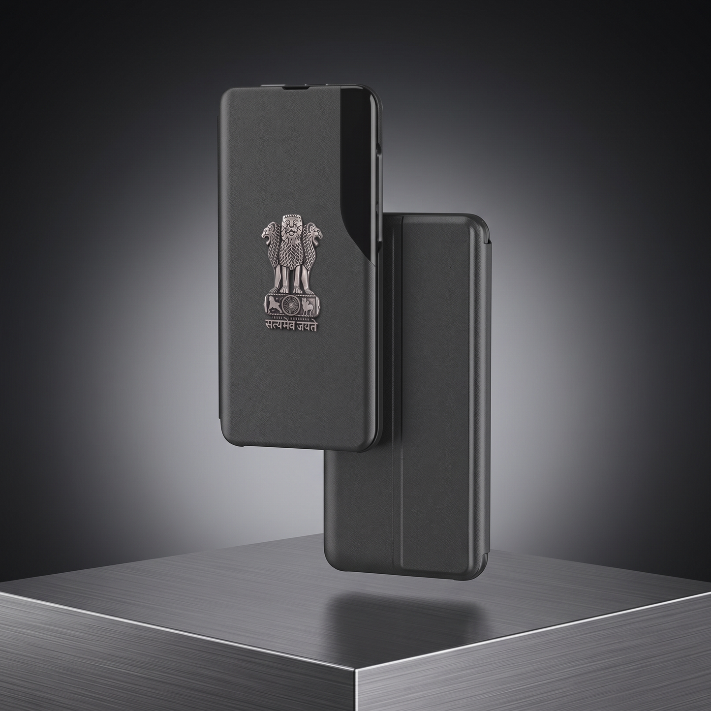 Redmi Note 13 Pro+ 5G Metal Emblem Satyamev Jayate Half Window Leather Flip Case