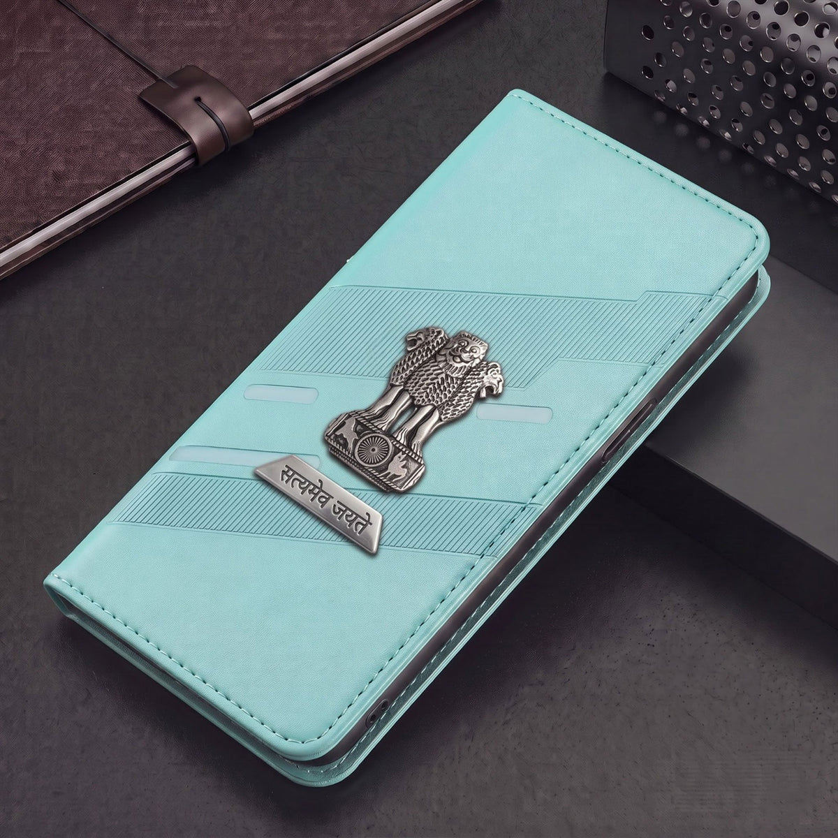 Oppo Reno 12 Pro 5G Metal Satyamev Jayate 2-in-1 Emblem Magnetic Flip Wallet Case