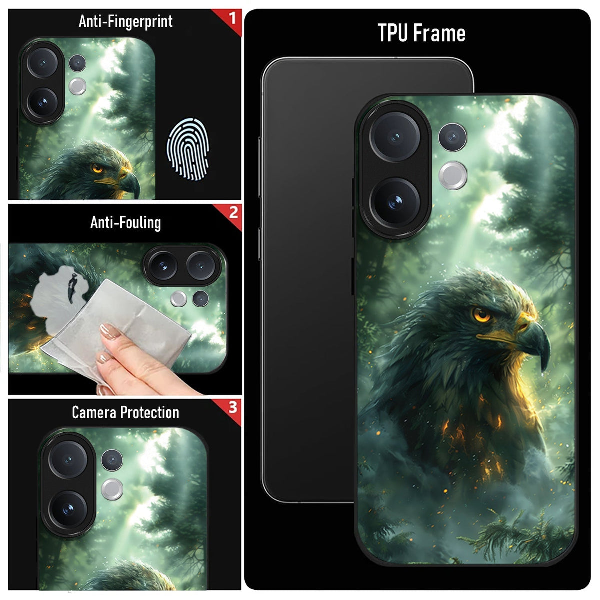 Phone case with eagle design featuring anti-fingerprint, anti-fouling, and camera protection features.