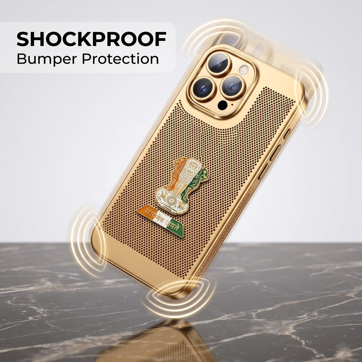 iPhone 16 Pro 5G Tri-Color Satyamev Jayate Mesh Electroplated Heat Dissipation Case
