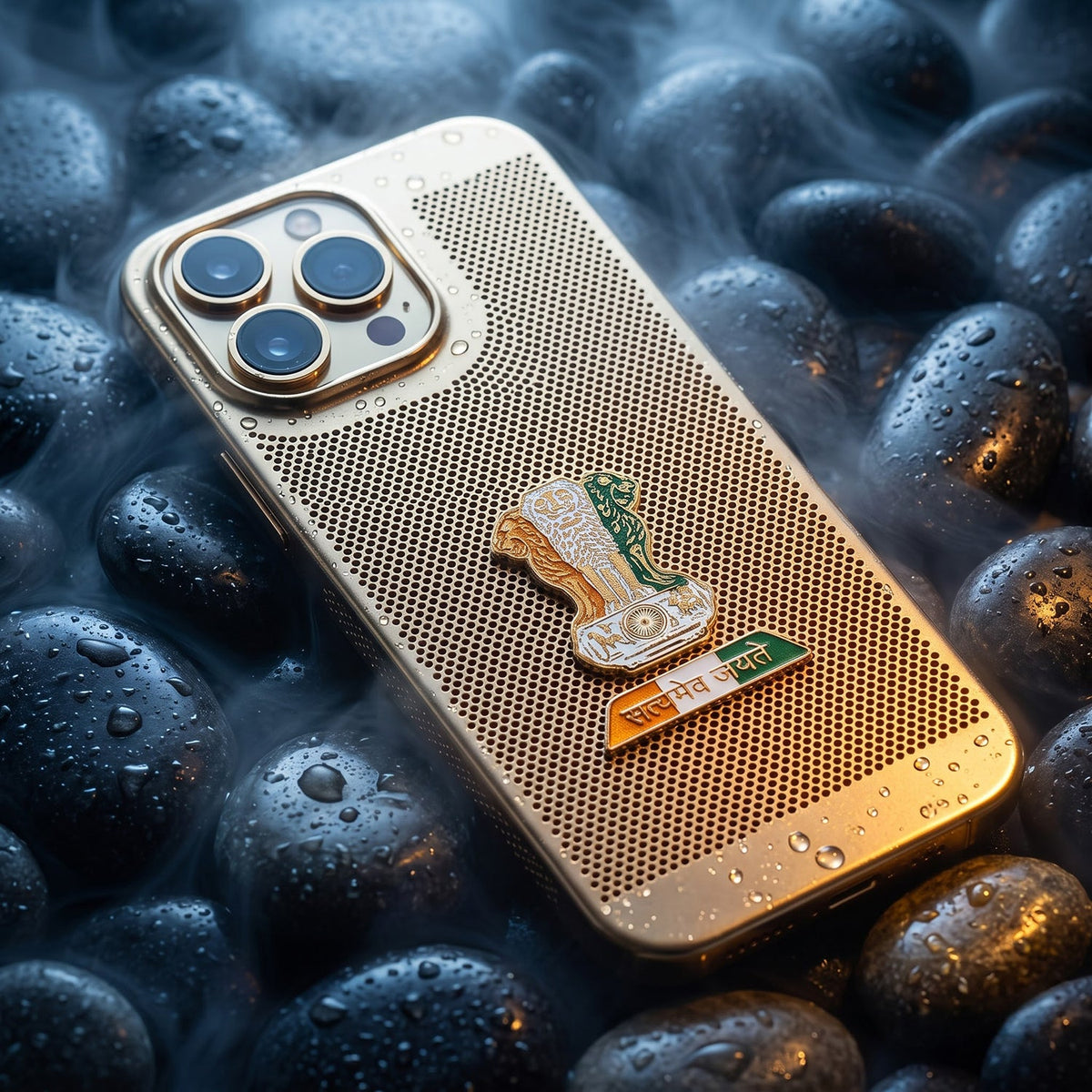 iPhone 15 Pro Max 5G Tri-Color Satyamev Jayate Mesh Electroplated Heat Dissipation Case