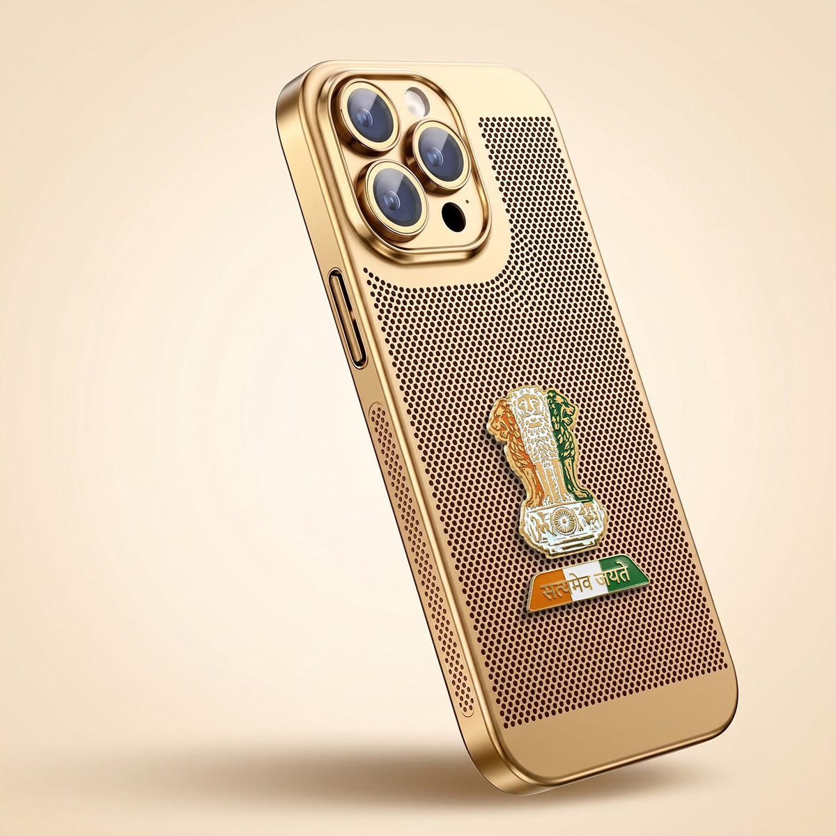 iPhone 15 Pro Max 5G Tri-Color Satyamev Jayate Mesh Electroplated Heat Dissipation Case