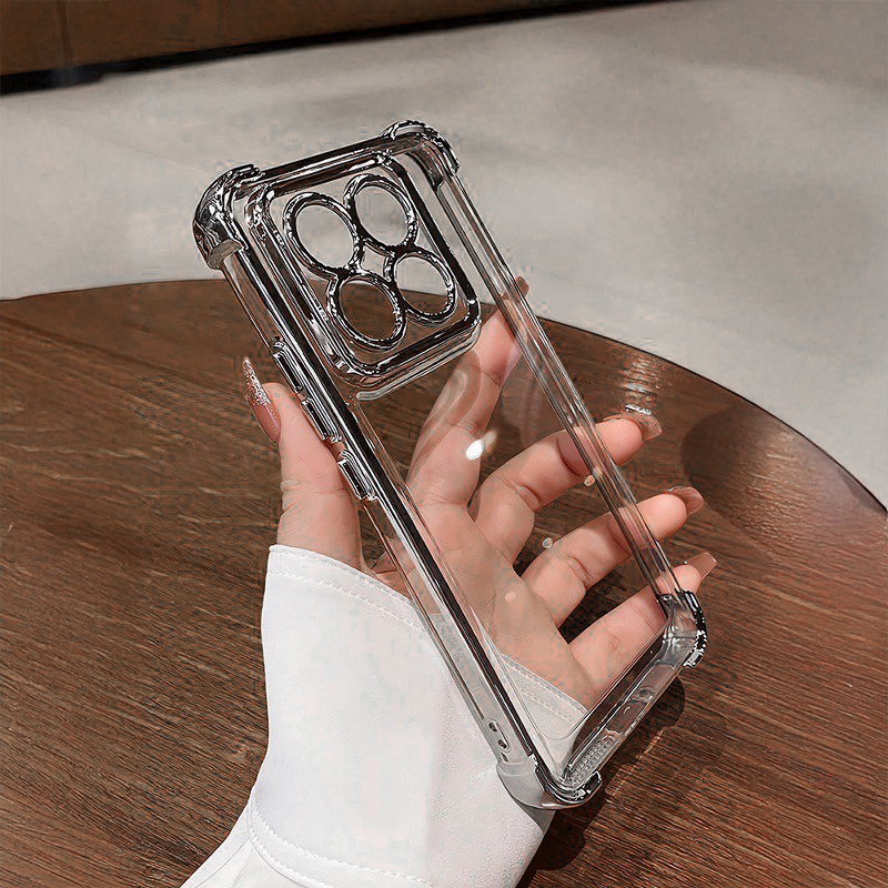 Motorola Edge 60 Pro 5G Clear phone case with metallic accents held by a hand on a wooden surface
