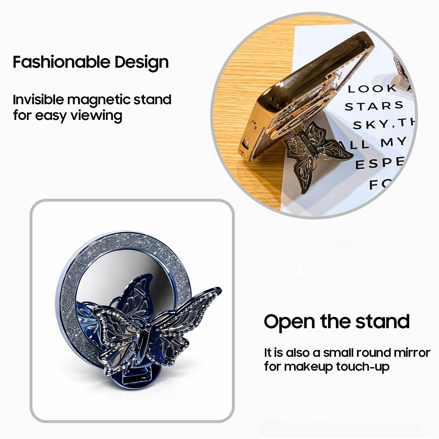 Motorola Edge 60 Pro 5G Butterfly-shaped magnetic stand with round mirror on a white background