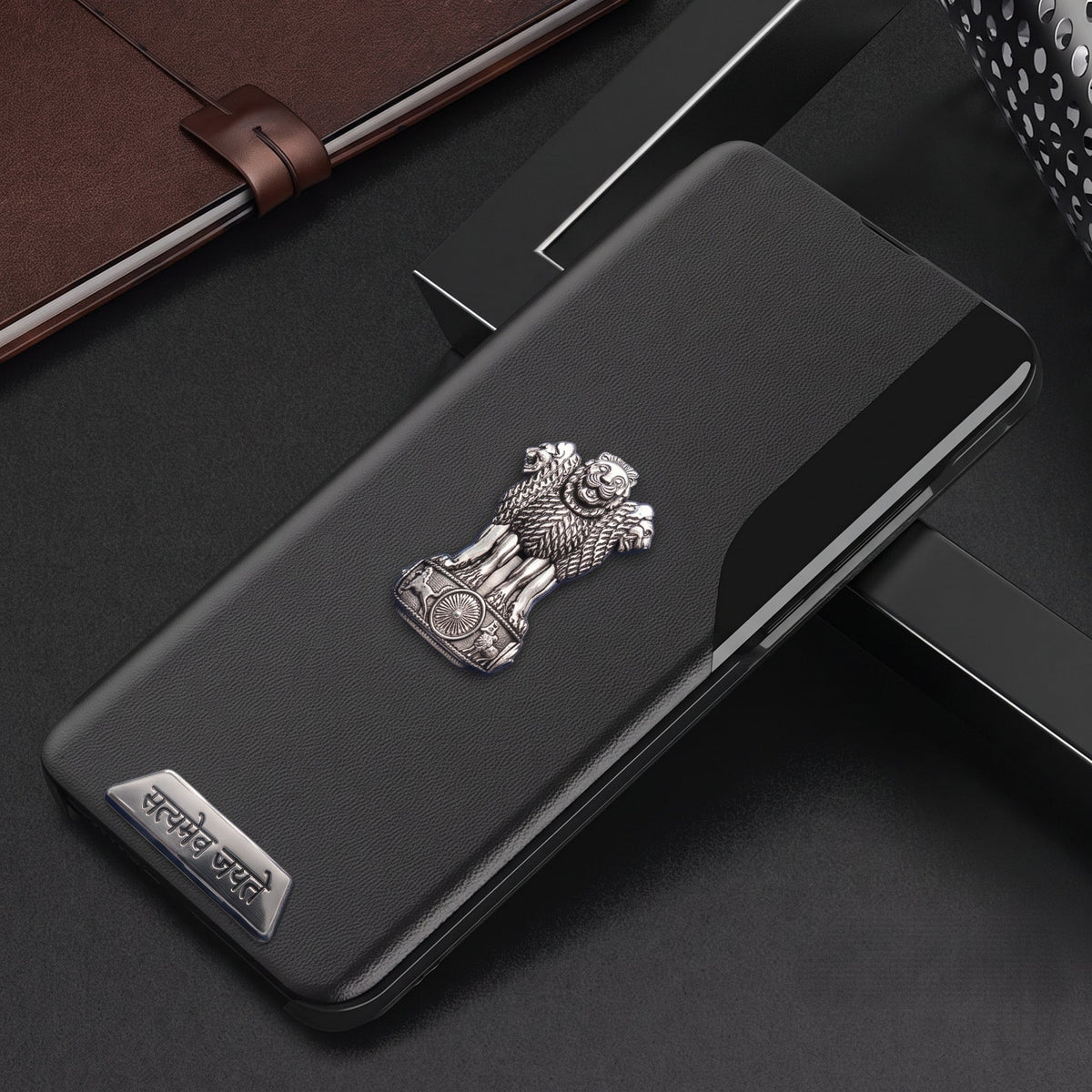 Redmi Note 13 Pro+ 5G Metal Satyamev Jayate 2-in-1 Emblem Half-Window Leather Flip Case