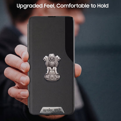 Redmi Note 13 Pro+ 5G Metal Satyamev Jayate 2-in-1 Emblem Half-Window Leather Flip Case