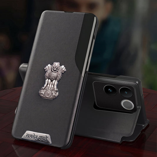 Vivo T2 Pro 5G Metal Satyamev Jayate 2-in-1 Emblem Half-Window Leather Flip Case
