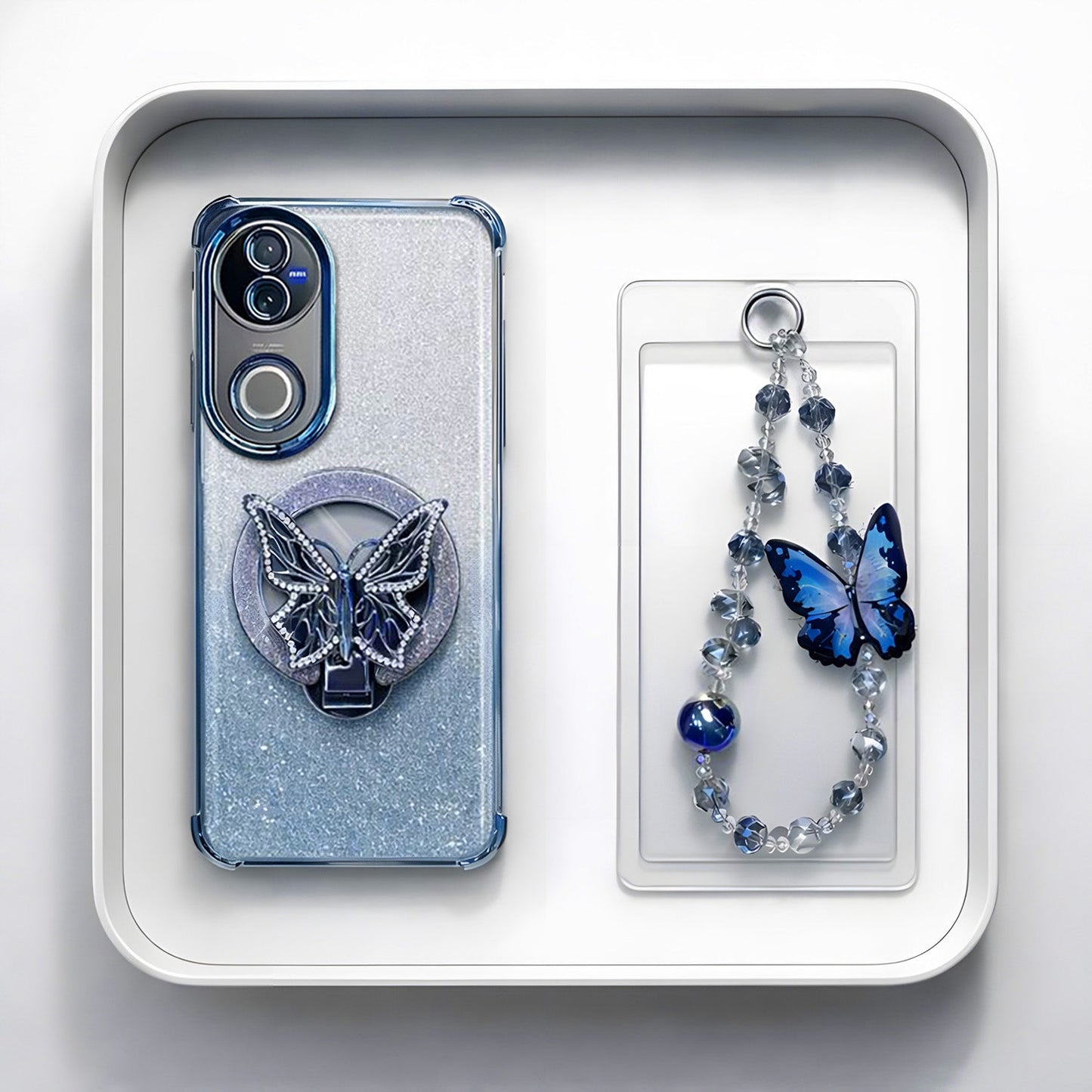 Vivo V50 5G Shockproof Shimmer Butterfly Stand Case with Charm Strap