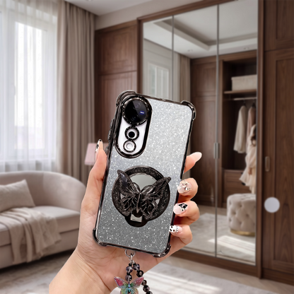 Vivo V40 Pro 5G Luxury Shimmer Airbag Butterfly Stand Case with Charm Strap