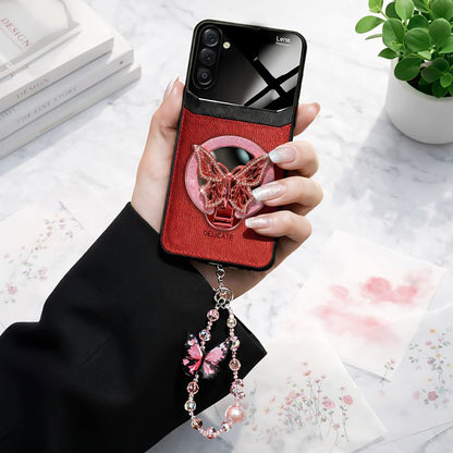 Samsung Galaxy A16 5G Premium Leather Lens Butterfly Stand Case with Charm Strap