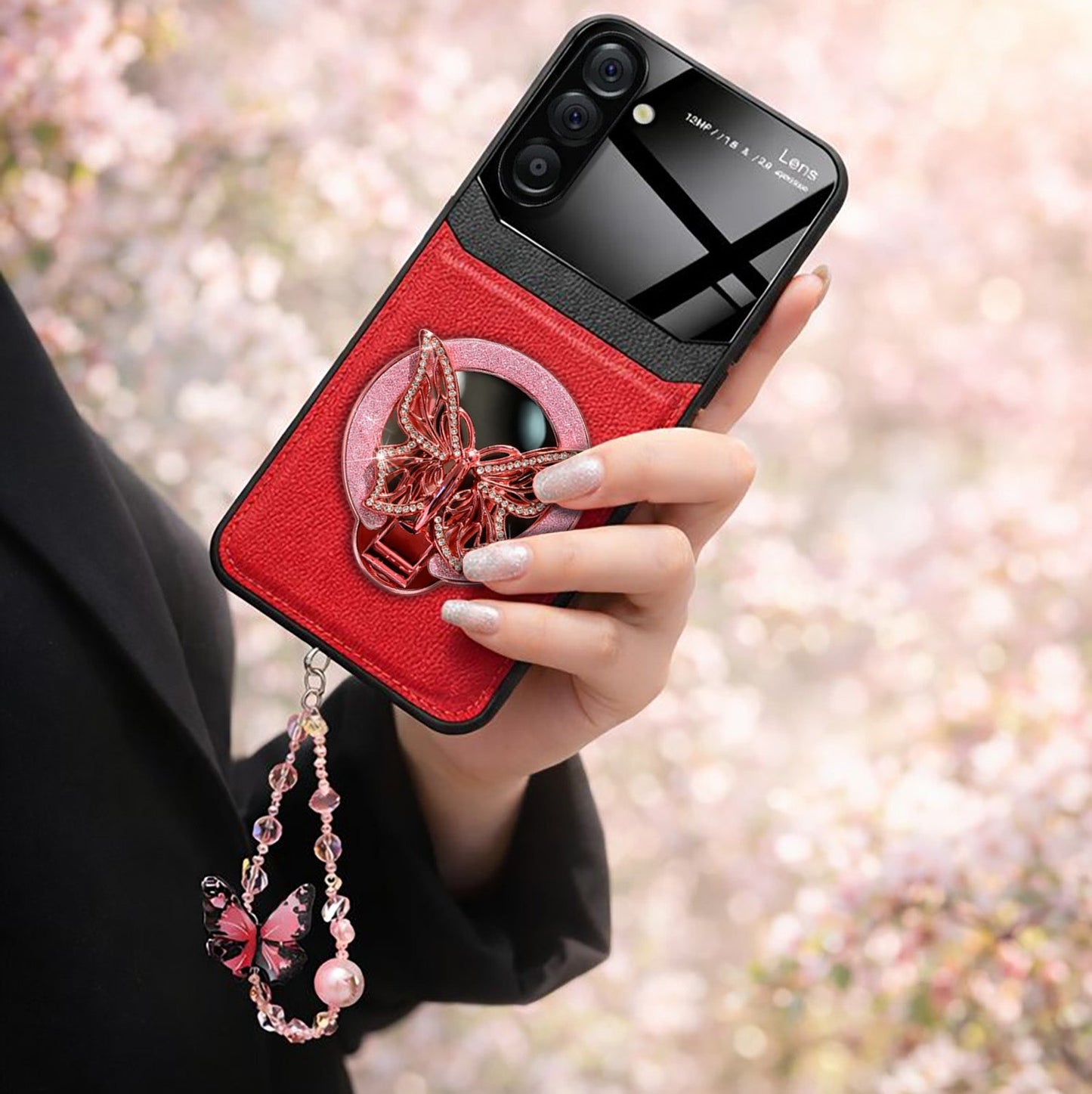 Samsung Galaxy A16 5G Premium Leather Lens Butterfly Stand Case with Charm Strap